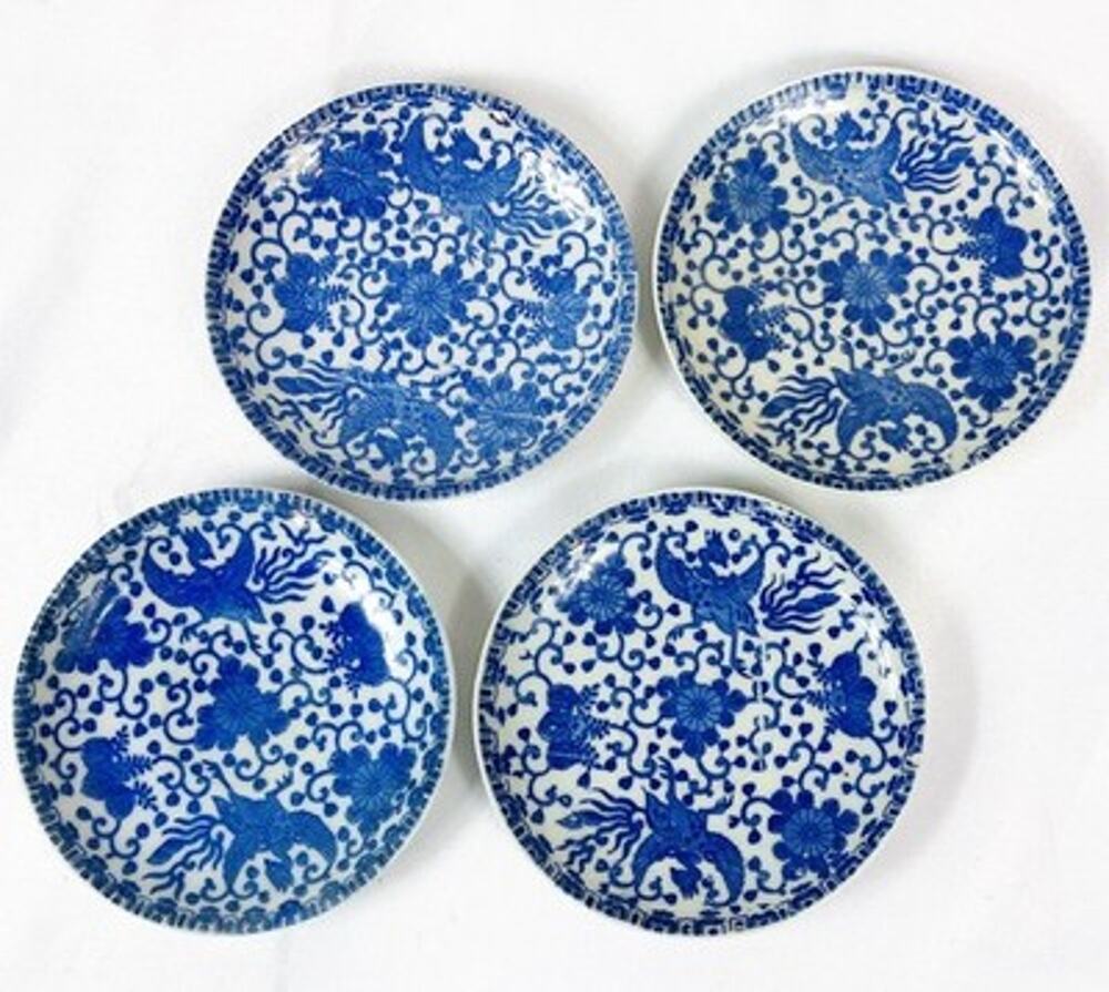 Vtg Set Japanese Porcelain Phoenix Bird 5.5" Plates Saucers Blue & White